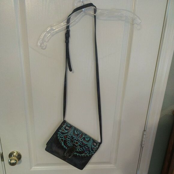 Patricia Nash tooled turquoise and brown Poppy Leather Crossbody Purse $250 EUC - Picture 2 of 12